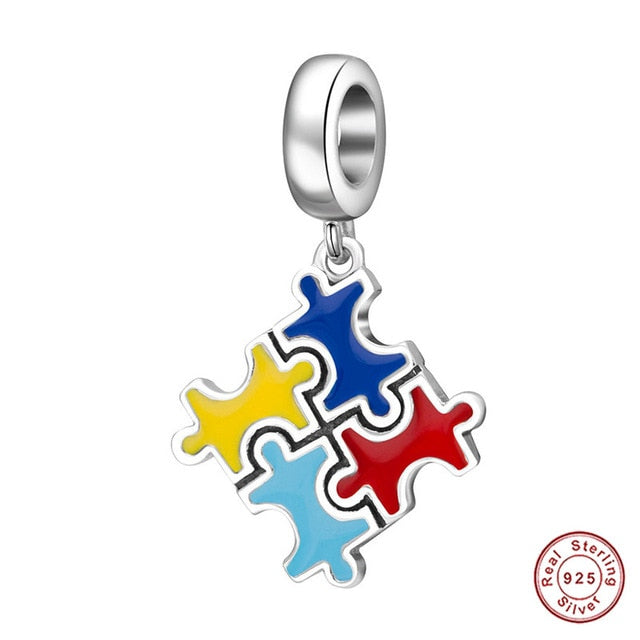 Authentic 925 Sterling Silver Bead Autism Awareness Puzzle Piece Colorful Enamel Pendant Charm fit Pandora Bracelet Jewelry Gift