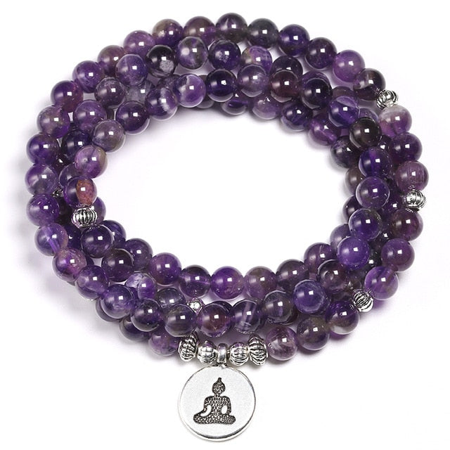 Natural Purple Crystal Amethysts Bracelet 6mm Beads Necklace Yoga 108 Mala Stone Bracelet for Women Lotus Energy Jewelry