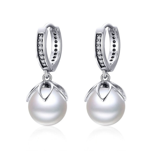 BAMOER Authentic 925 Sterling Silver Blooming Flower Petal Freshwater Pearl Drop Earrings for Women Luxury Silver Jewelry SCE259