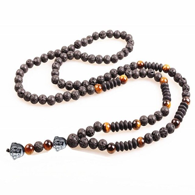 New Design Black 6mm BLava Stones Wood Bead Men's Hematite Buddha Bead Necklace