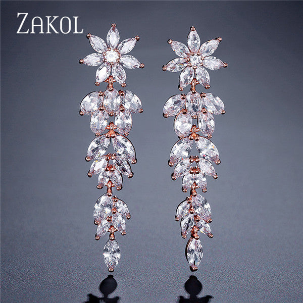 ZAKOL Luxury Gorgeous Marquise Cluster Flower Shape Cubic Zirconia Long Dangle Drop Earrings for Brides Wedding Jewelry FSEP005