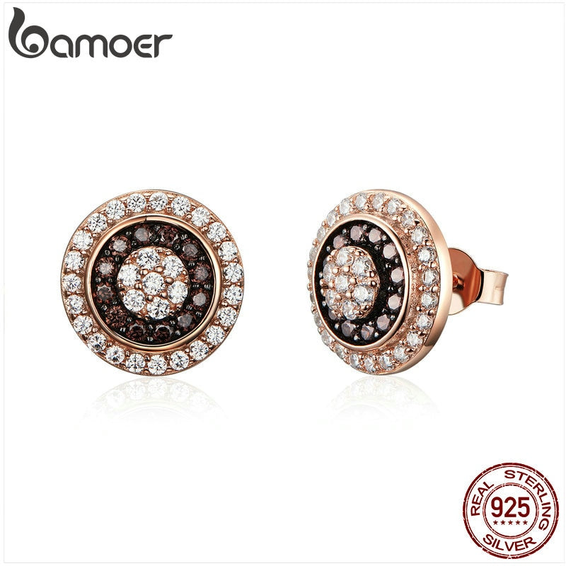 BAMOER Classic 925 Sterling Silver Round Circle Gold Color Small Stud Earrings for Women Dazzling Cubic Zircon Jewelry SCE509