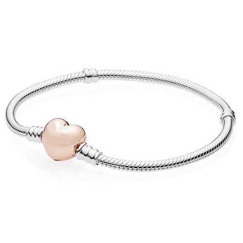 NEW 100% 925 Sterling Silver Rose Gold Heart Bracelet Clear CZ Charm Bead Fit Bracelet DIY Jewelry Gift The Factory Wholesale