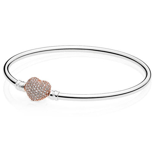 NEW 100% 925 Sterling Silver Rose Gold Heart Bracelet Clear CZ Charm Bead Fit Bracelet DIY Jewelry Gift The Factory Wholesale