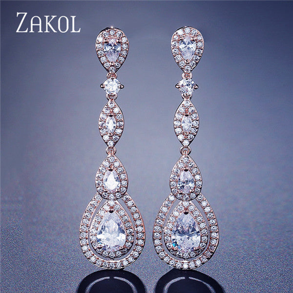 ZAKOL Luxury Water Drop Pear Cubic Zircon Long Dangles Elegant Earrings for Women Bridal Wedding Jewelry Dress FSEP2114