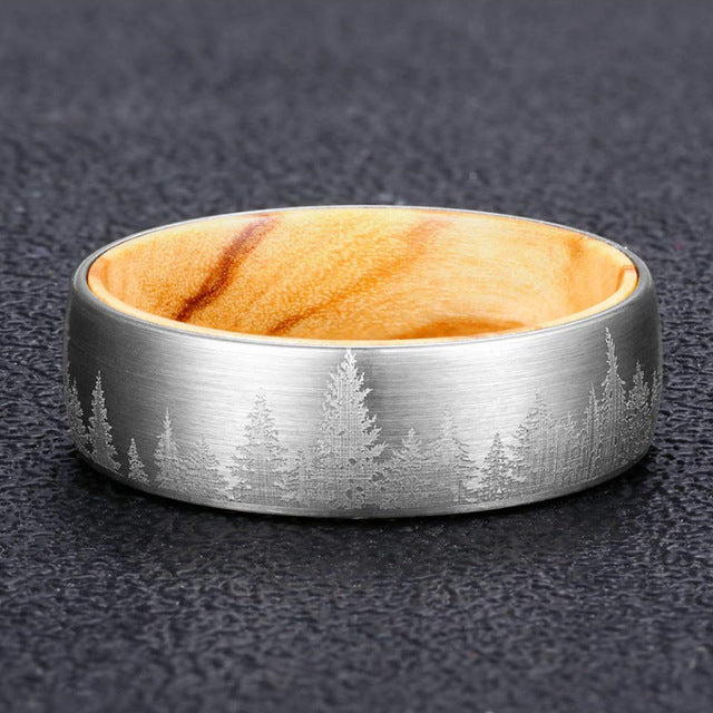 Men's Ring Forest Landscape Ring Wooden Men's Tungsten Ring Fashion Trend Jewelry