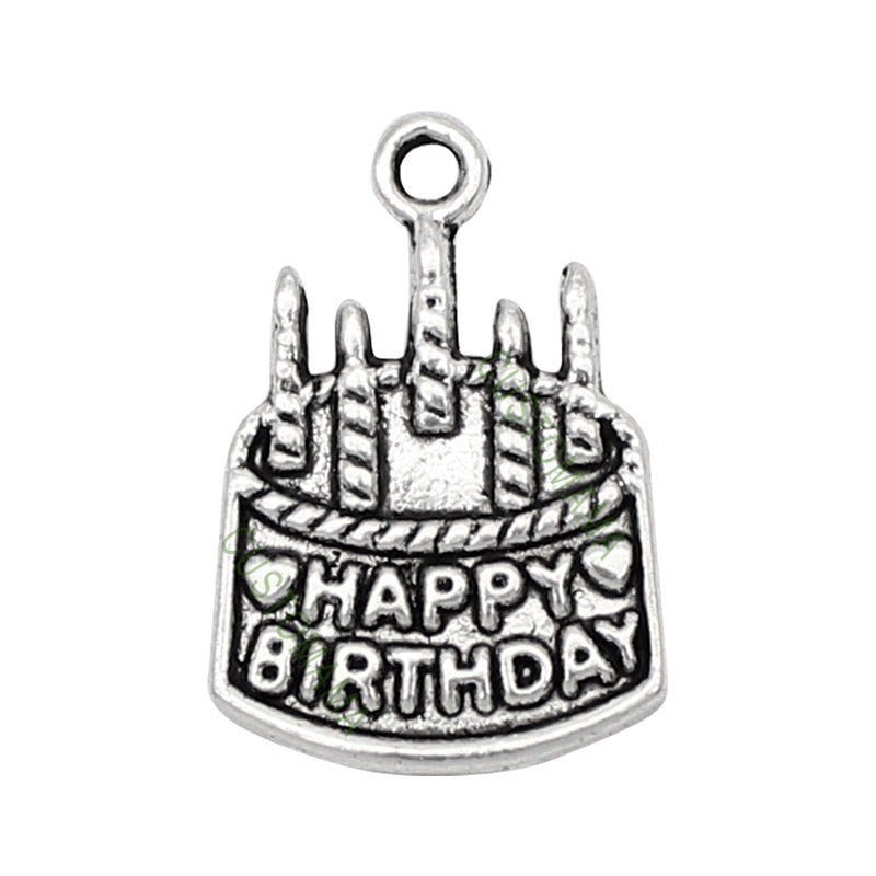 60pcs-Birthday Charms Antique Silver Cake with Candles Charms 22x15mm