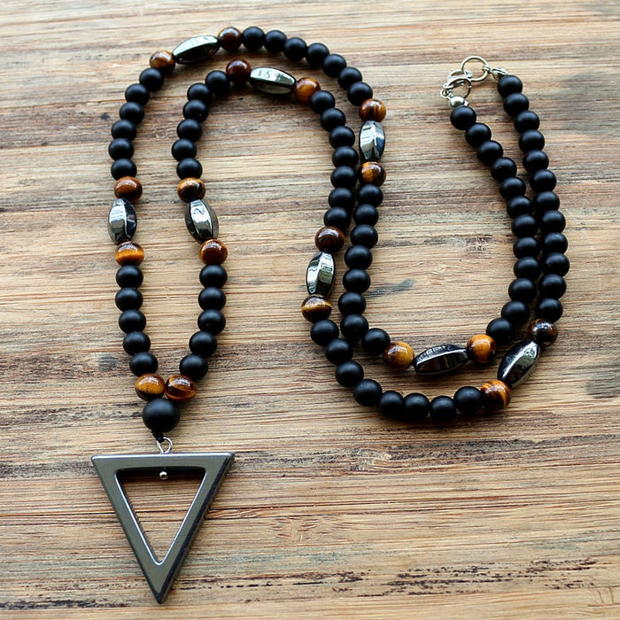 New Design 6MM Tiger stone bead Black Men's Hematite triangle pendants Necklace Fashion Jewelry
