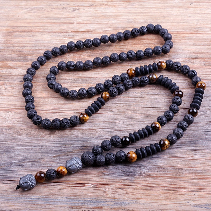 New Design Black 6mm BLava Stones Wood Bead Men's Hematite Buddha Bead Necklace