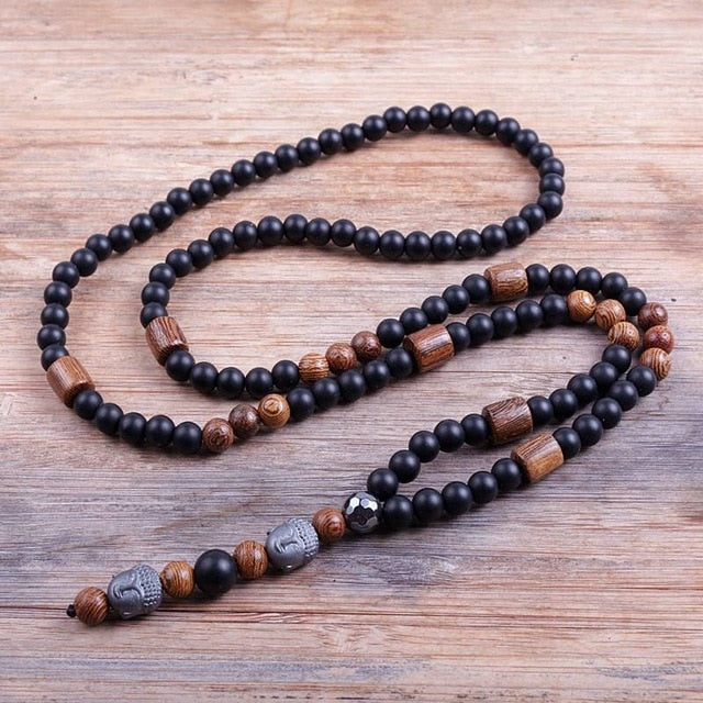 New Design Black 6mm BLava Stones Wood Bead Men's Hematite Buddha Bead Necklace