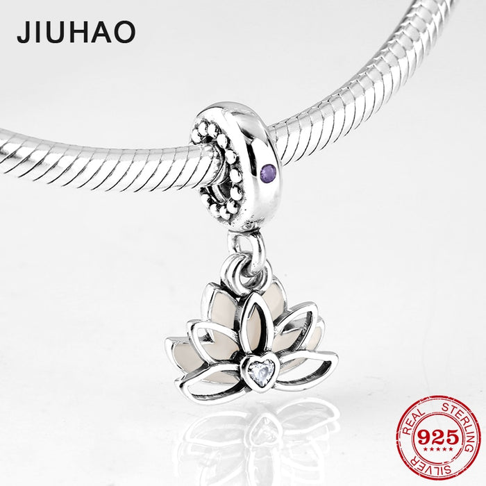 New fashion 925 Sterling Silver like pink Blooming lotus fine Pendants beads Fit Original Pandora Charms Bracelets making
